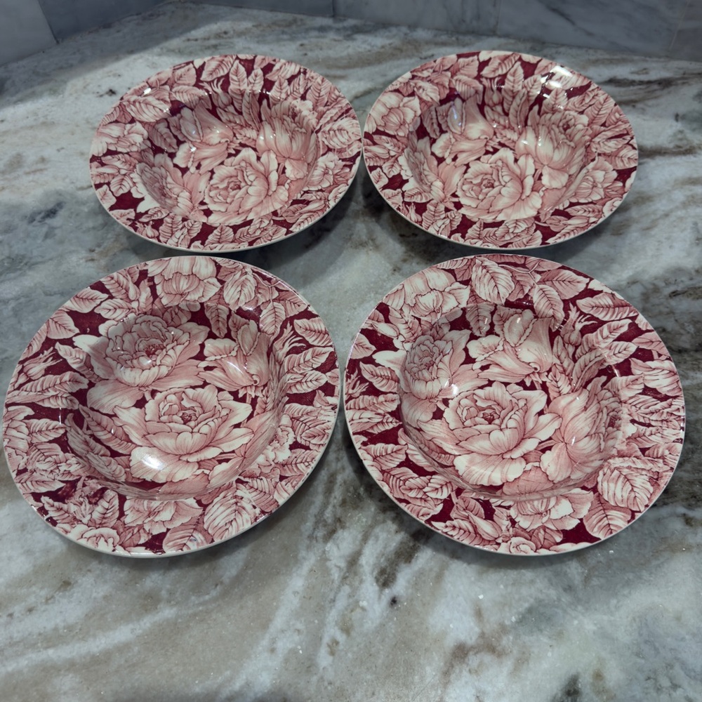 Myott Son Bermuda Pink 8” Rimmed Soup Bowl Vintage Made in England Set of 4